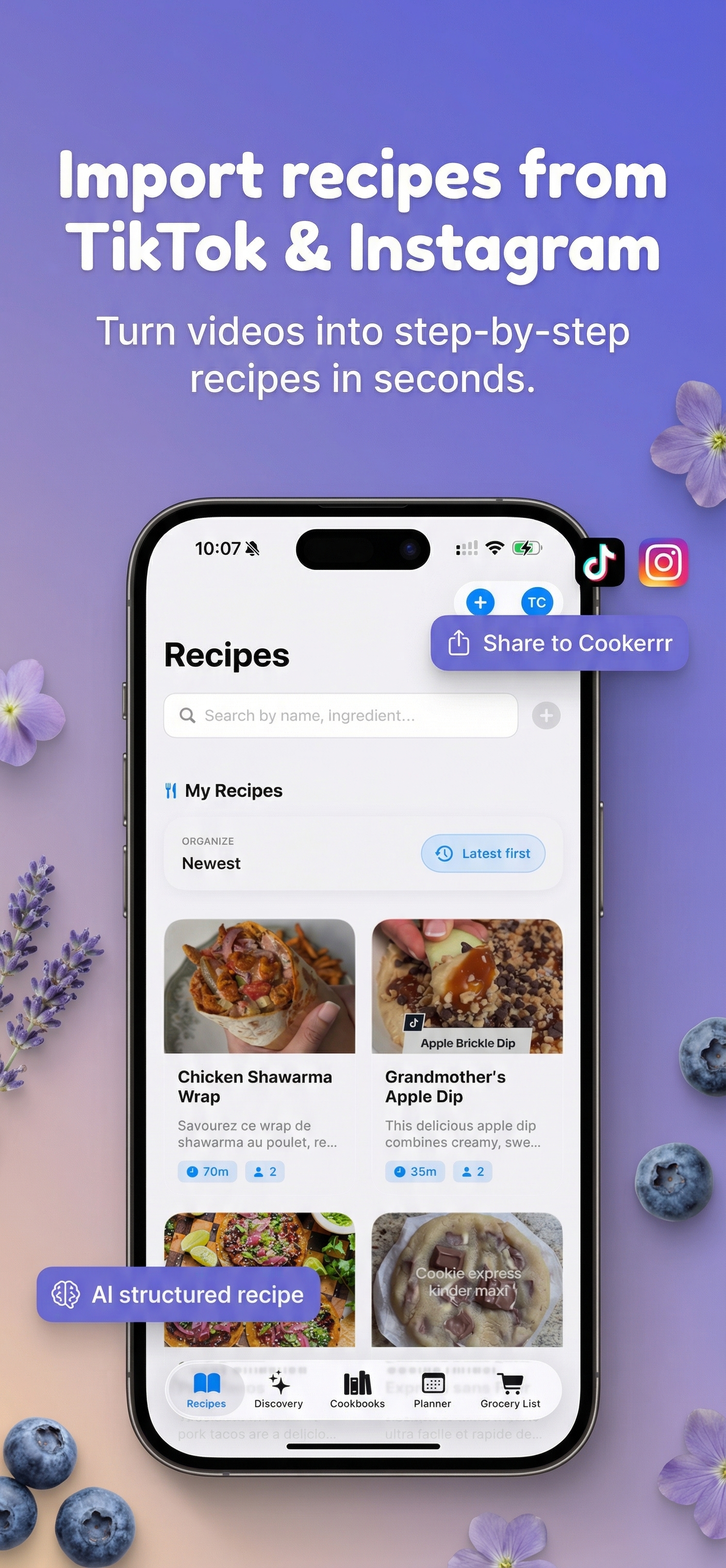 Cookerrr app showing recipe import from social media